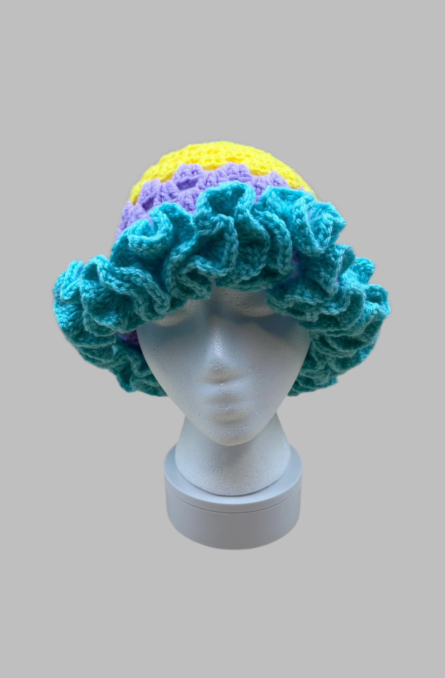 Crochet Ruffle Hat- blue/yellow/lavender