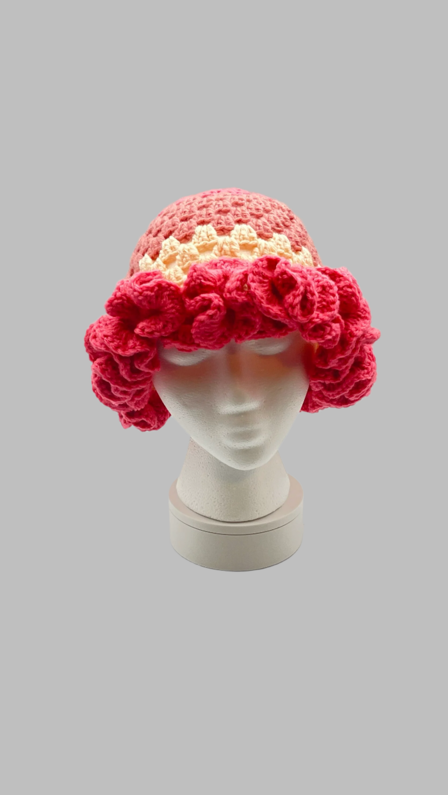 Crochet Ruffle Hat- pink/watermelon/coral