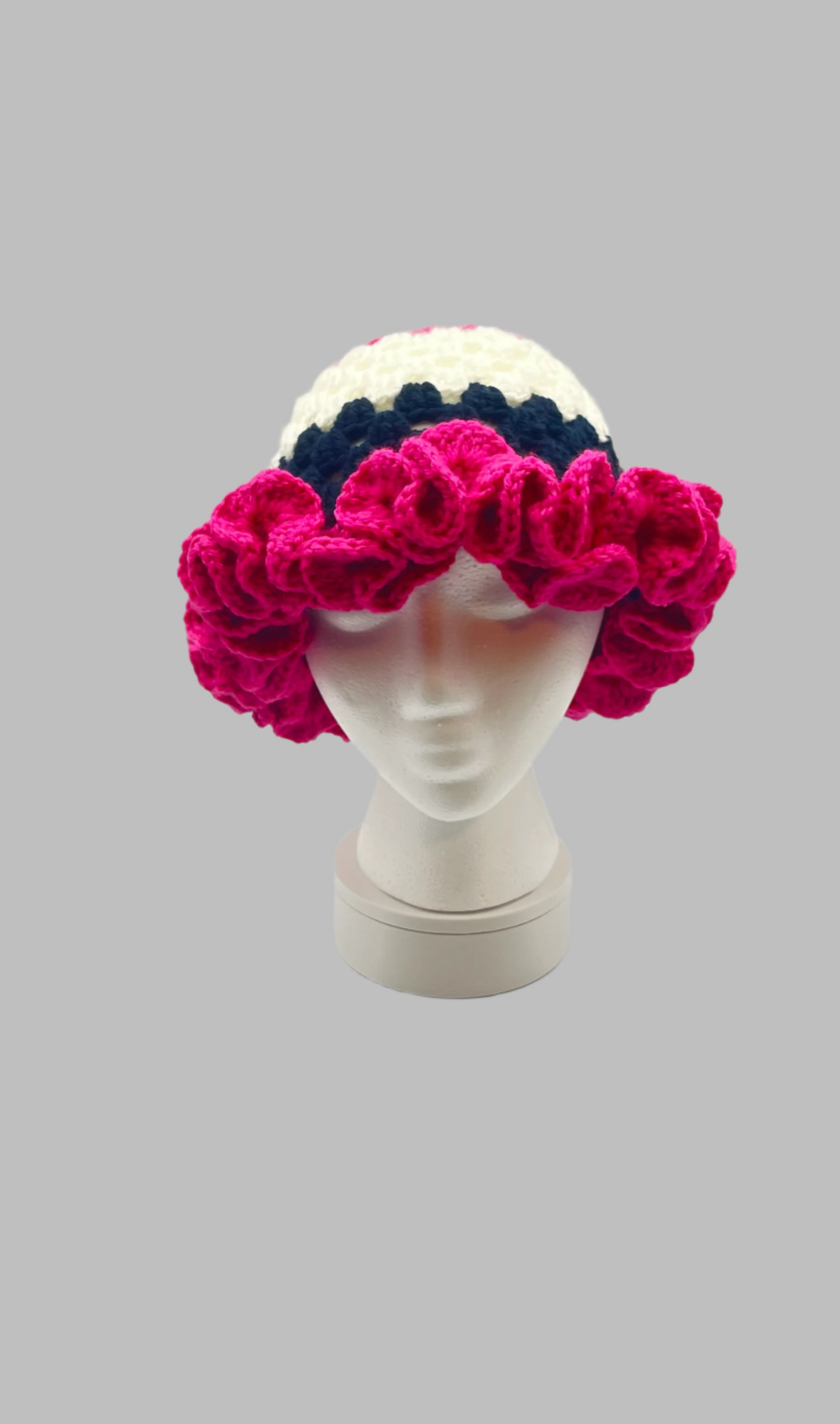 Crochet Ruffle Hat- pink/blue/white
