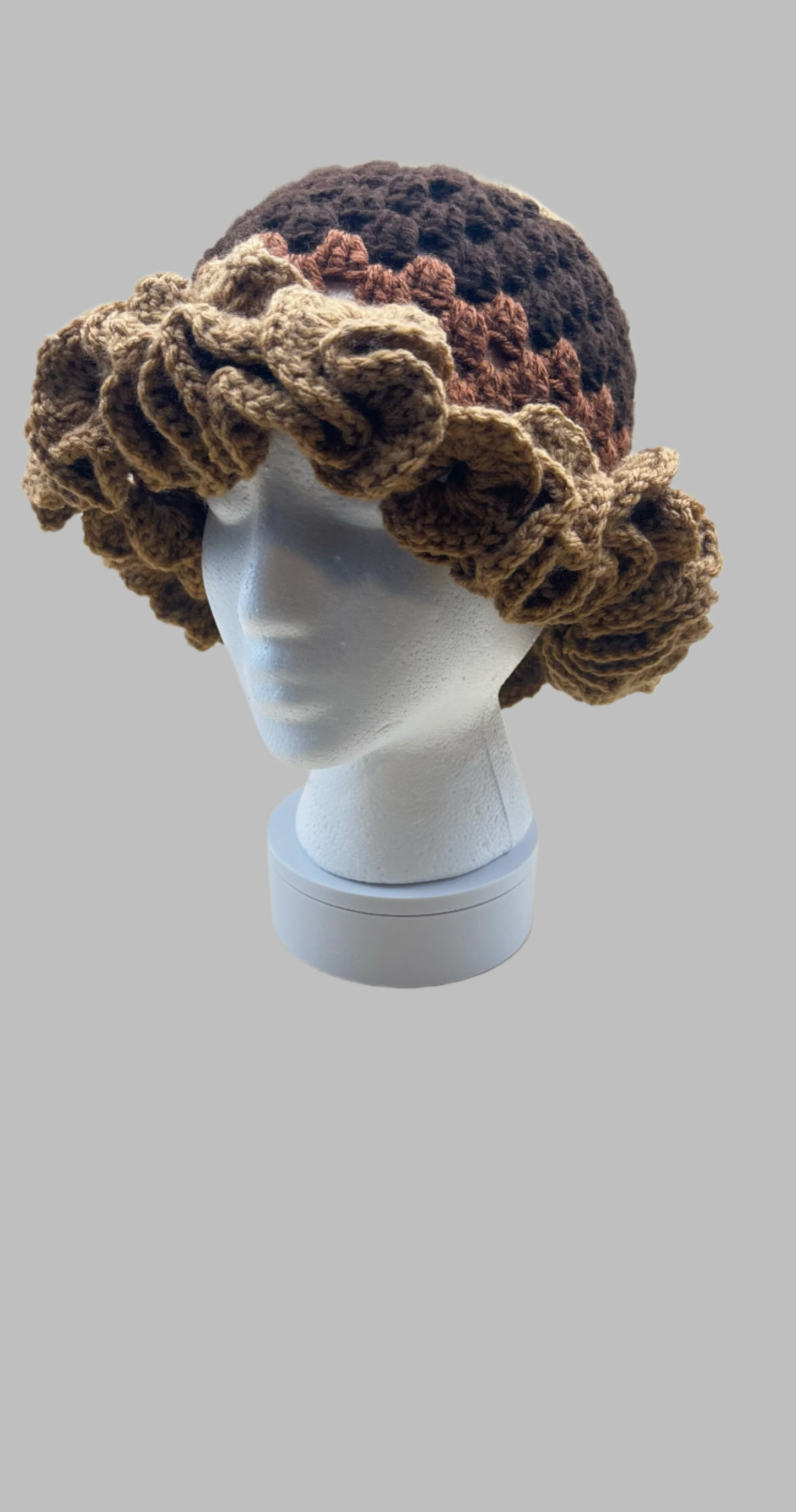 Crochet Ruffle Hat- chocolate/camel/taupe
