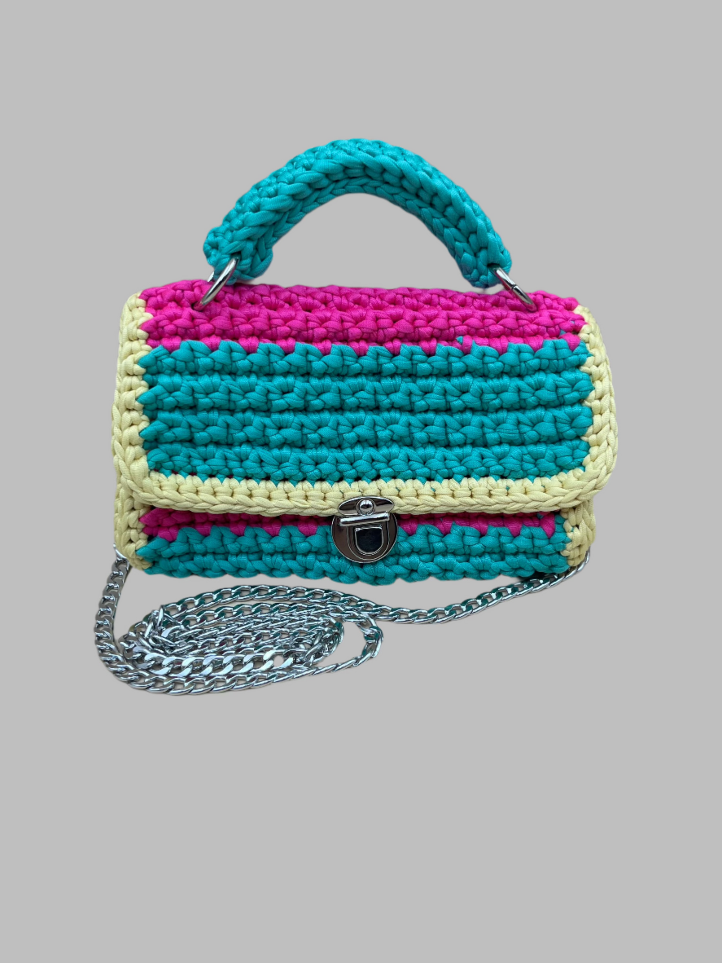 Crochet Shoulder Bag- pink/yellow/aqua