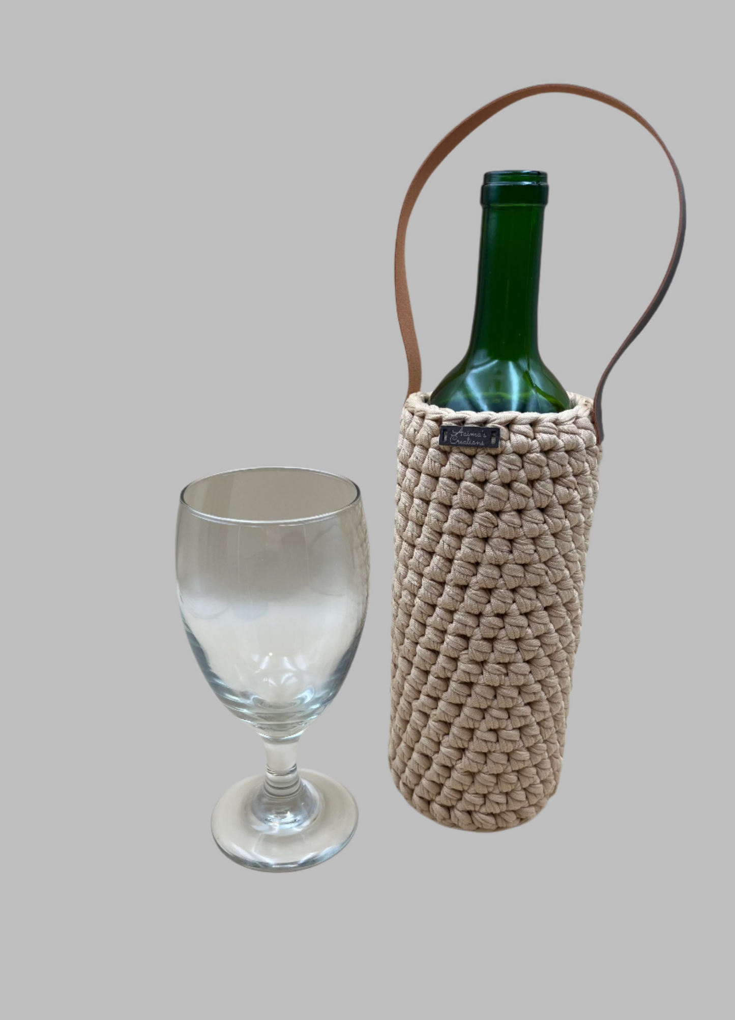 Crochet Wine Tote- tan